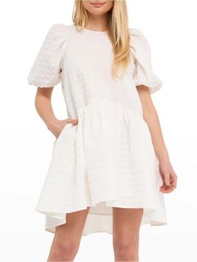 English Factory Back Tie Jacquard Puff Sleeve Mini Dress XS White